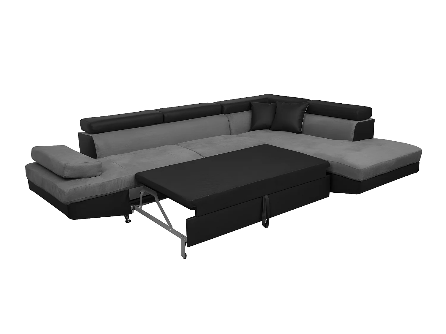 Canapé d'angle droit 5 places Rio convertible avec coffre en microfibre et simili - Gris/Noir - L271 x P192 x H70cm - Loungitude