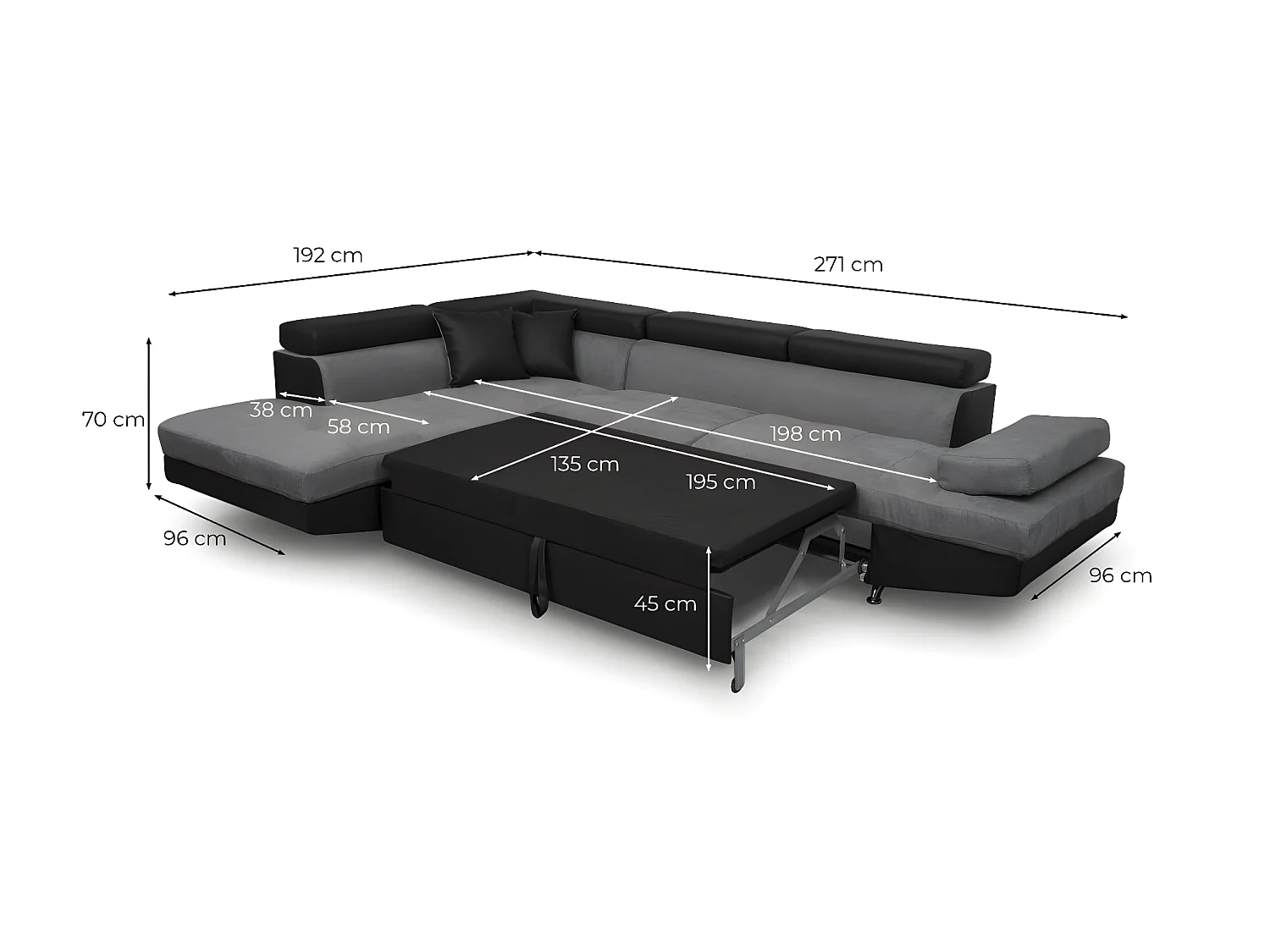 Canapé d'angle droit 5 places Rio convertible avec coffre en microfibre et simili - Gris/Noir - L271 x P192 x H70cm - Loungitude