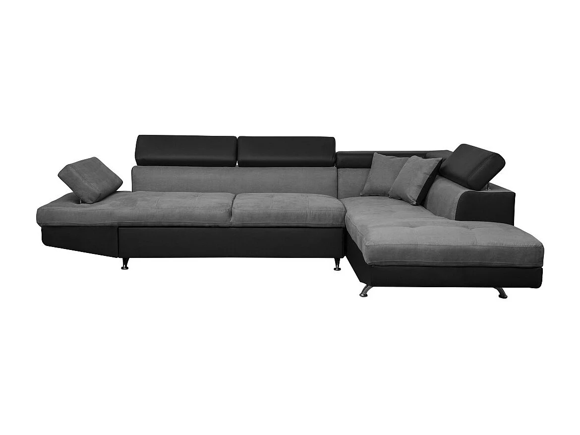 Canapé d'angle droit 5 places Rio convertible avec coffre en microfibre et simili - Gris/Noir - L271 x P192 x H70cm - Loungitude