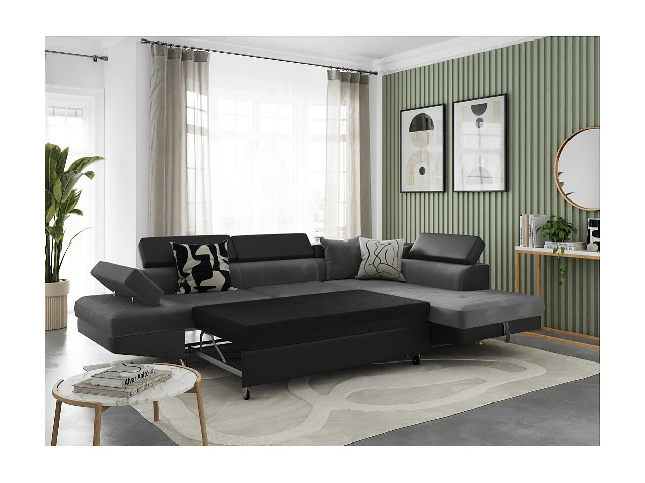 Canapé d'angle droit 5 places Rio convertible avec coffre en microfibre et simili - Gris/Noir - L271 x P192 x H70cm - Loungitude