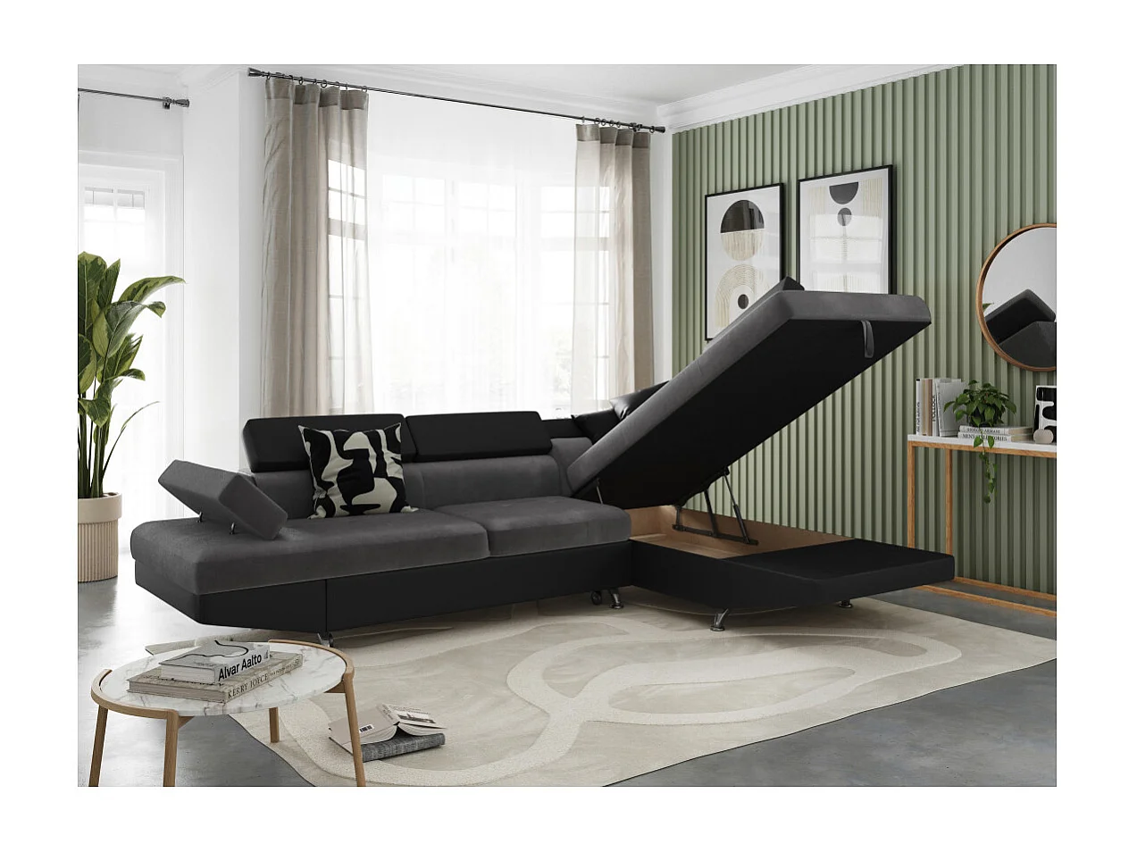 Canapé d'angle droit 5 places Rio convertible avec coffre en microfibre et simili - Gris/Noir - L271 x P192 x H70cm - Loungitude