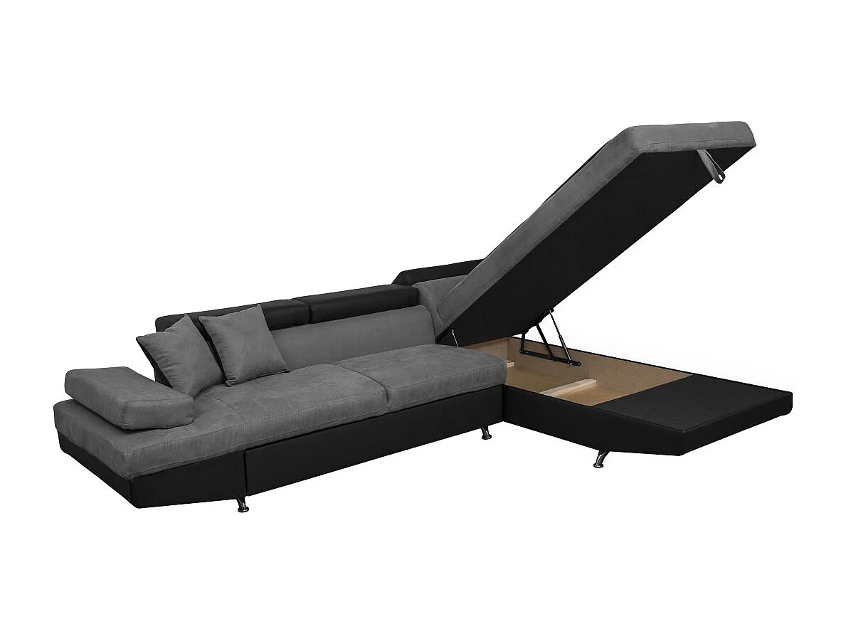 Canapé d'angle droit 5 places Rio convertible avec coffre en microfibre et simili - Gris/Noir - L271 x P192 x H70cm - Loungitude