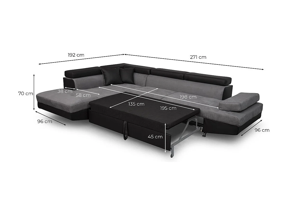 Canapé d'angle droit 5 places Rio convertible avec coffre en microfibre et simili - Gris/Noir - L271 x P192 x H70cm - Loungitude