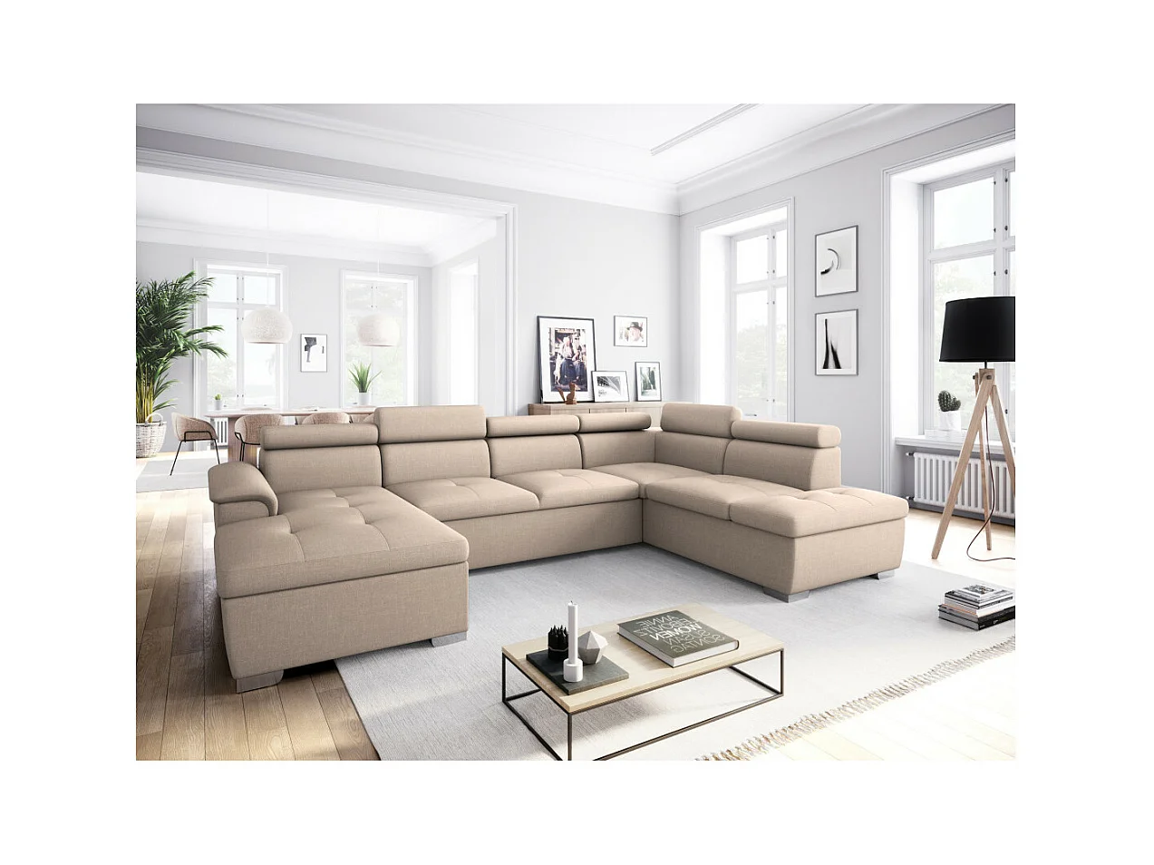 Canapé d'angle Panoramique 6 Places Paola Convertible en Tissu Avec Coffres - Beige - L322 x P196 x H76cm - Loungitude