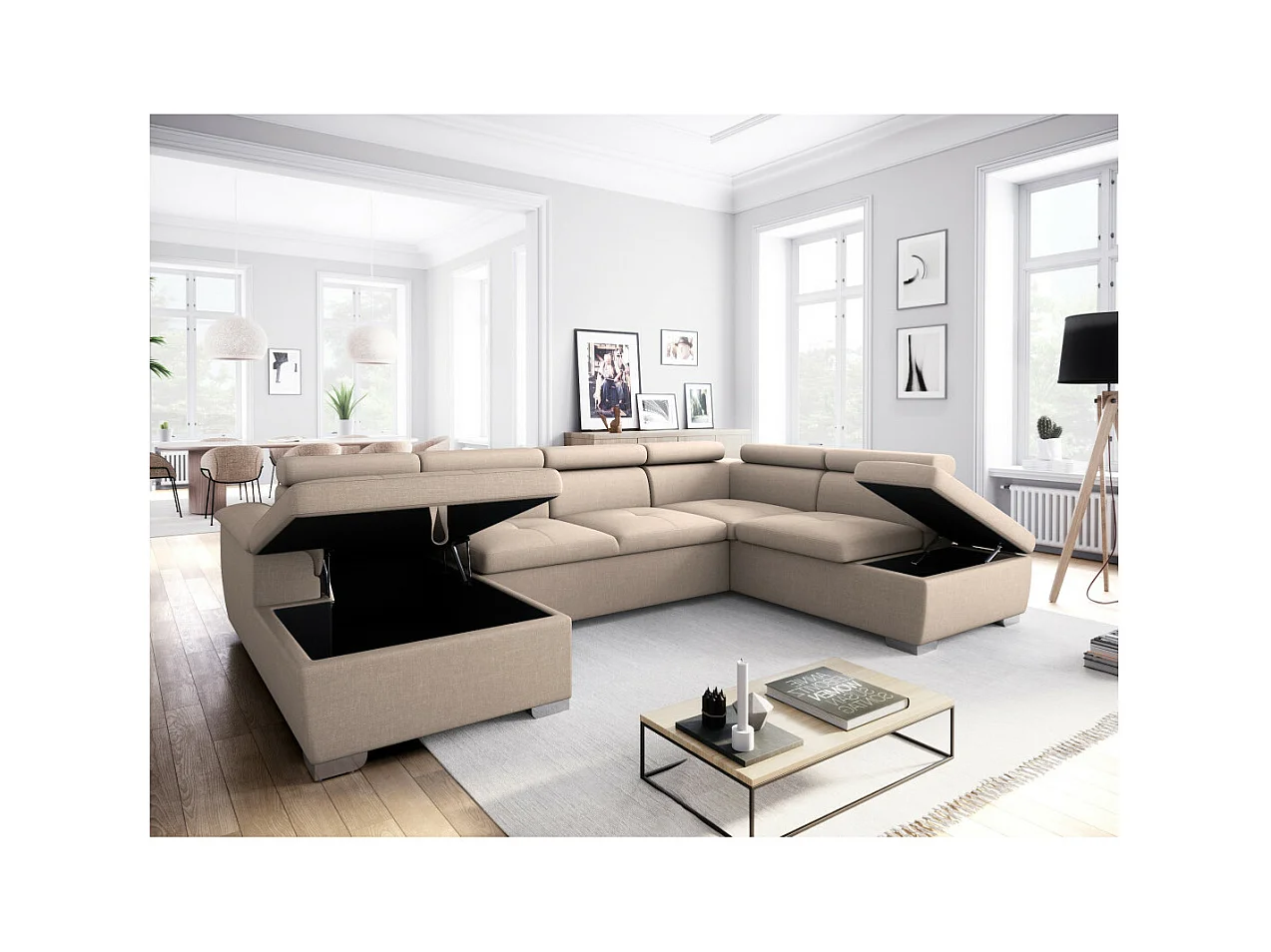 Canapé d'angle Panoramique 6 Places Paola Convertible en Tissu Avec Coffres - Beige - L322 x P196 x H76cm - Loungitude