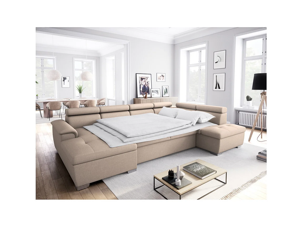 Canapé d'angle Panoramique 6 Places Paola Convertible en Tissu Avec Coffres - Beige - L322 x P196 x H76cm - Loungitude