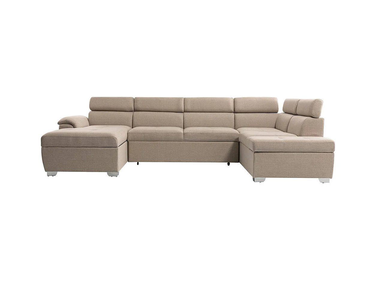 Canapé d'angle Panoramique 6 Places Paola Convertible en Tissu Avec Coffres - Beige - L322 x P196 x H76cm - Loungitude