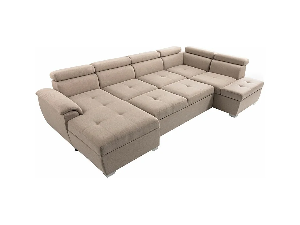 Canapé d'angle Panoramique 6 Places Paola Convertible en Tissu Avec Coffres - Beige - L322 x P196 x H76cm - Loungitude