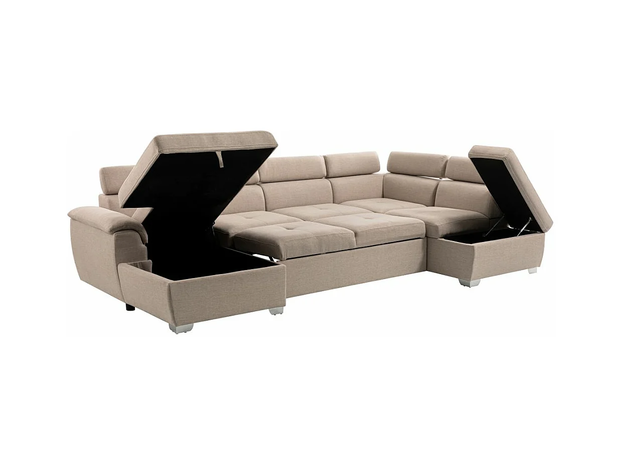 Canapé d'angle Panoramique 6 Places Paola Convertible en Tissu Avec Coffres - Beige - L322 x P196 x H76cm - Loungitude