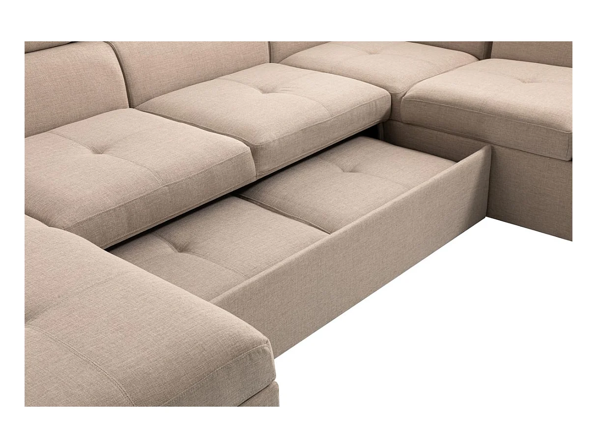 Canapé d'angle Panoramique 6 Places Paola Convertible en Tissu Avec Coffres - Beige - L322 x P196 x H76cm - Loungitude