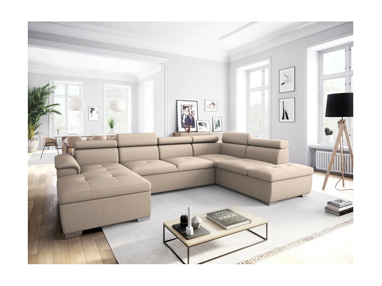 Canapé d'angle Panoramique 6 places Paola convertible en Tissu Avec Coffres - Beige - L322 x P196 x H76cm - Loungitude