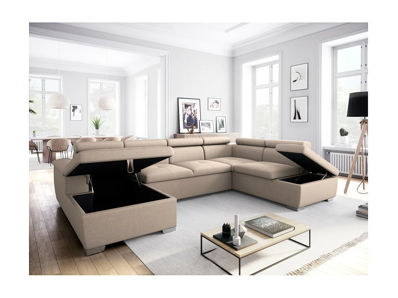 Canapé d'angle Panoramique 6 places Paola convertible en Tissu Avec Coffres - Beige - L322 x P196 x H76cm - Loungitude