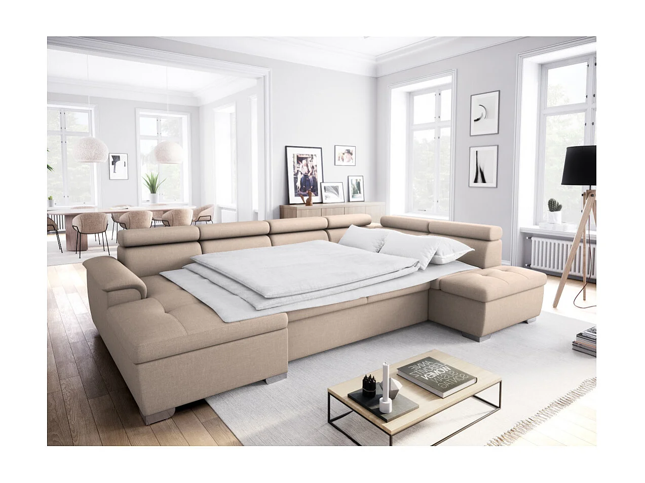 Canapé d'angle Panoramique 6 places Paola convertible en Tissu Avec Coffres - Beige - L322 x P196 x H76cm - Loungitude