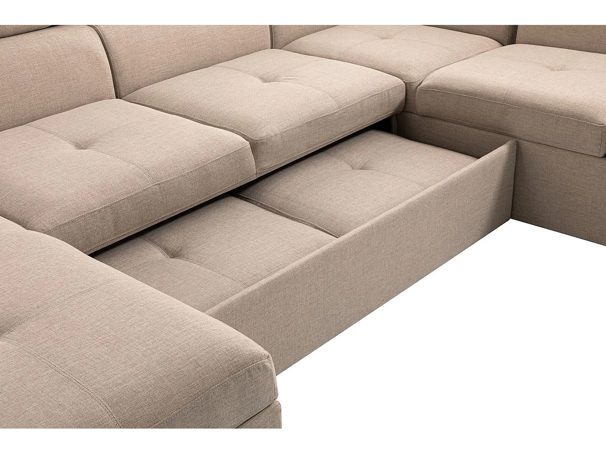 Canapé d'angle Panoramique 6 places Paola convertible en Tissu Avec Coffres - Beige - L322 x P196 x H76cm - Loungitude