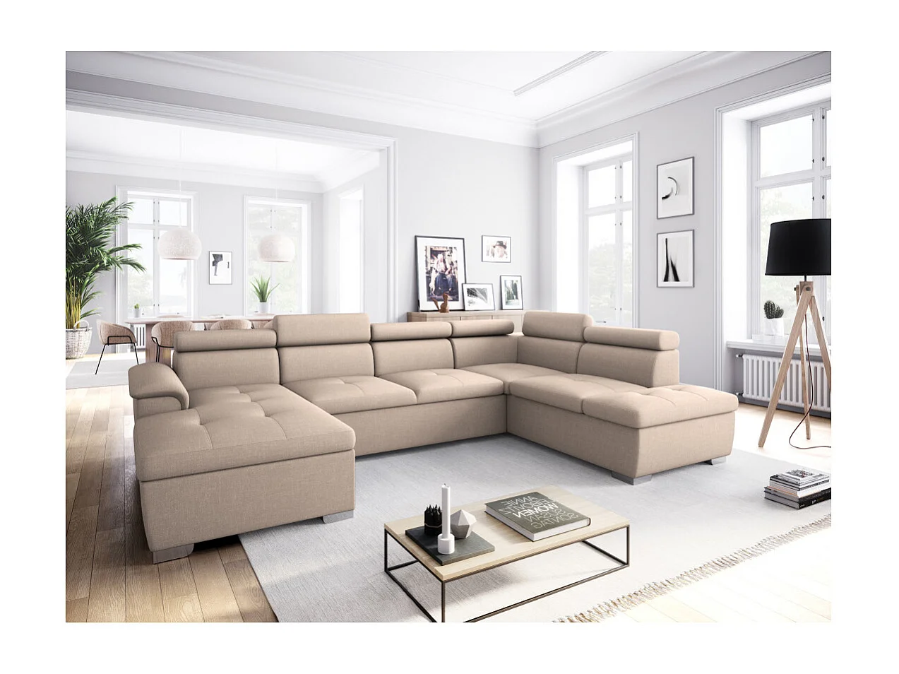 Canapé d'angle Panoramique 6 places Paola convertible en Tissu Avec Coffres - Beige - L322 x P196 x H76cm - Loungitude