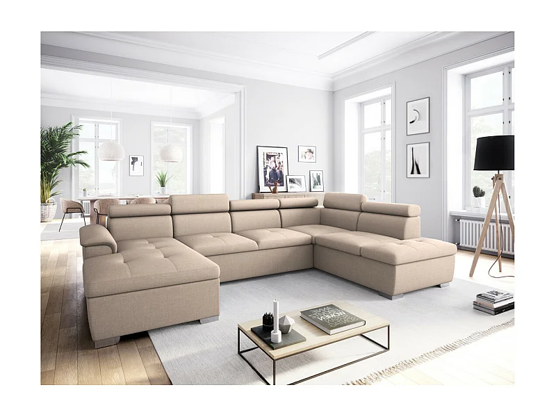 Canapé d'angle Panoramique 6 places Paola convertible en Tissu Avec Coffres - Beige - L322 x P196 x H76cm - Loungitude