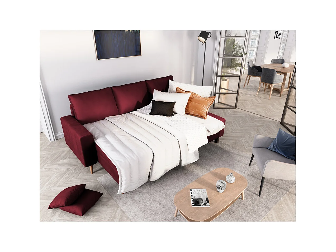 Canapé d'angle Maria scandinave réversible et convertible avec coffre en velours - Bordeaux - L227 x 148 x 95cm - Loungitude