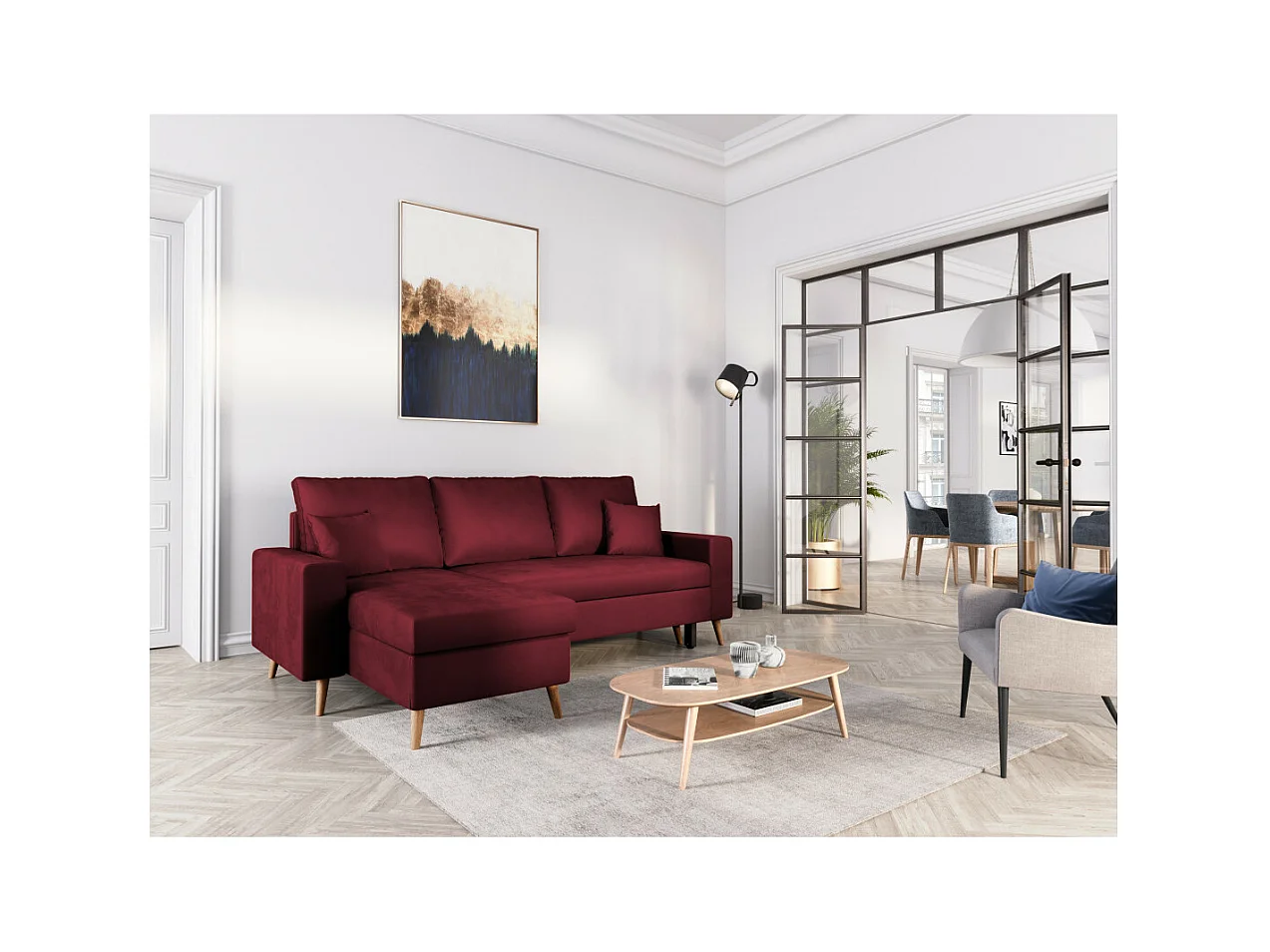 Canapé d'angle Maria scandinave réversible et convertible avec coffre en velours - Bordeaux - L227 x 148 x 95cm - Loungitude