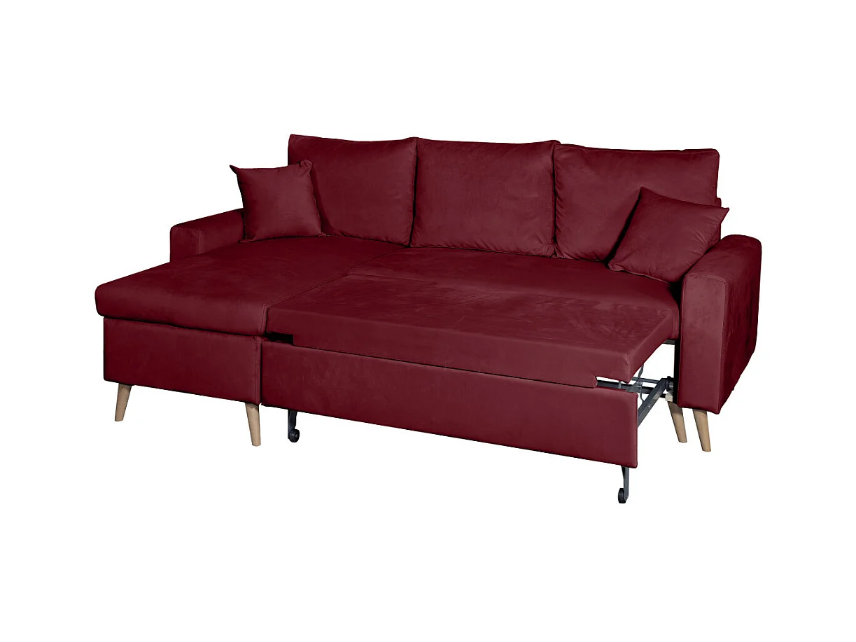 Canapé d'angle Maria scandinave réversible et convertible avec coffre en velours - Bordeaux - L227 x 148 x 95cm - Loungitude
