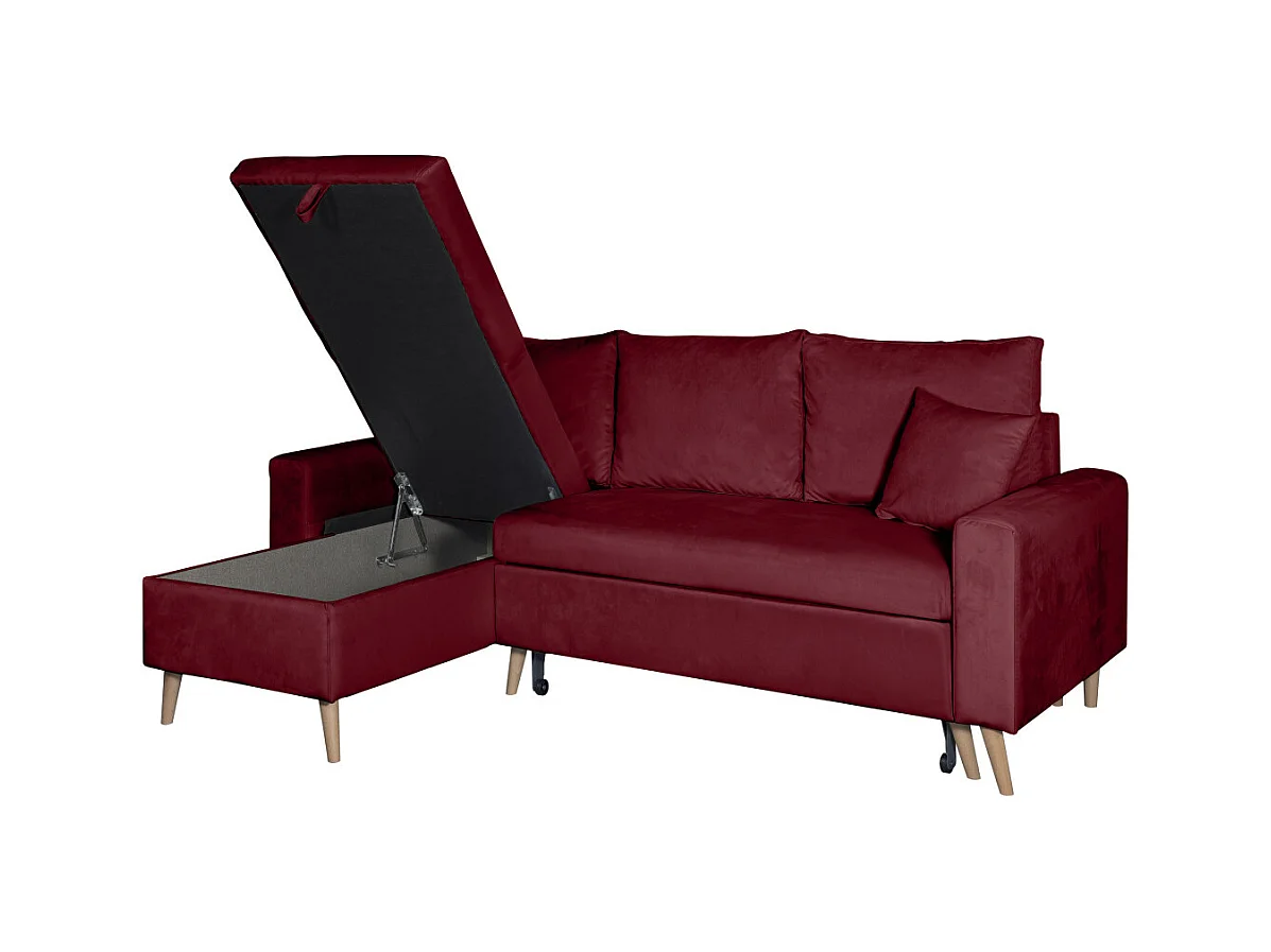 Canapé d'angle Maria scandinave réversible et convertible avec coffre en velours - Bordeaux - L227 x 148 x 95cm - Loungitude