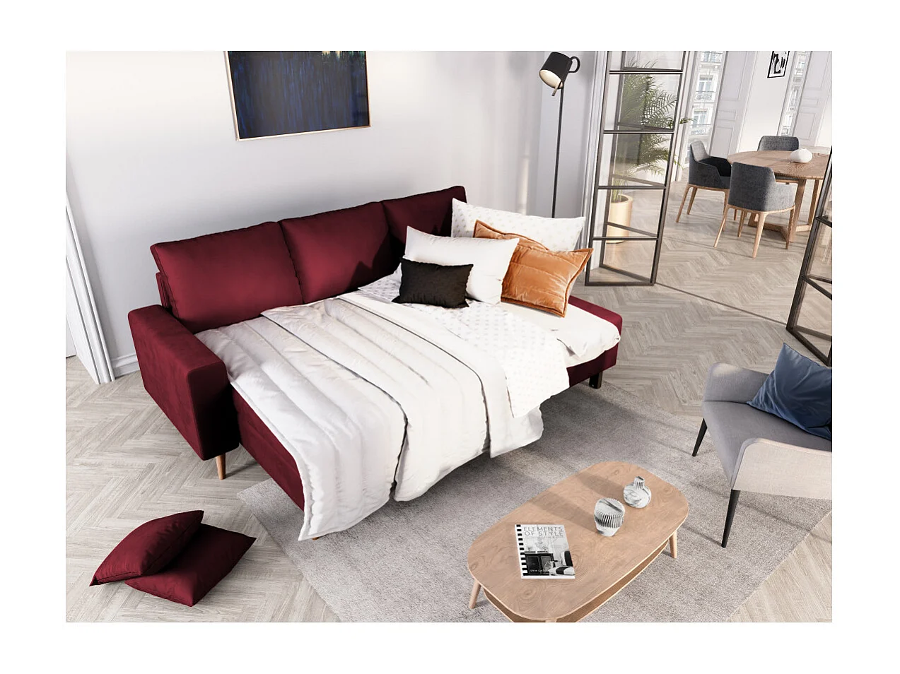 Canapé d'angle Maria scandinave réversible et convertible avec coffre en velours - Bordeaux - L227 x 148 x 95cm - Loungitude