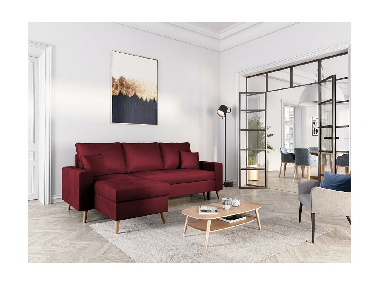 Canapé d'angle Maria scandinave réversible et convertible avec coffre en velours - Bordeaux - L227 x 148 x 95cm - Loungitude