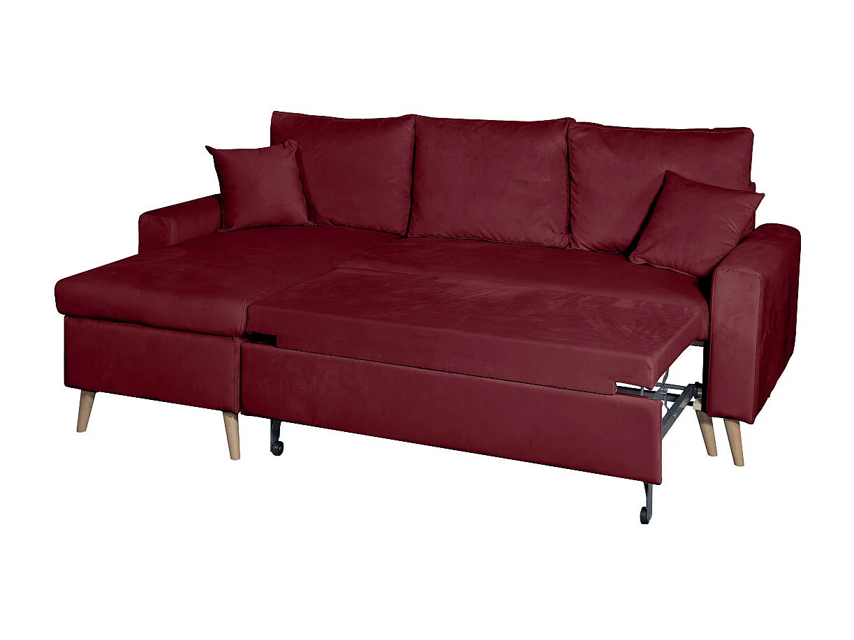 Canapé d'angle Maria scandinave réversible et convertible avec coffre en velours - Bordeaux - L227 x 148 x 95cm - Loungitude