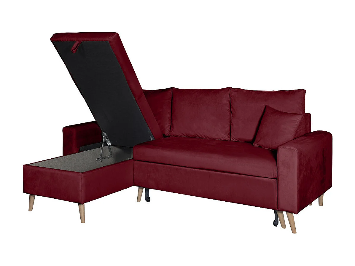 Canapé d'angle Maria scandinave réversible et convertible avec coffre en velours - Bordeaux - L227 x 148 x 95cm - Loungitude