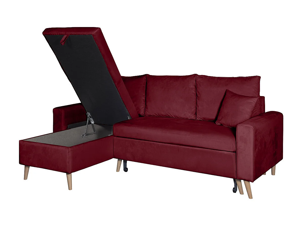 Canapé d'angle Maria scandinave réversible et convertible avec coffre en velours - Bordeaux - L227 x 148 x 95cm - Loungitude