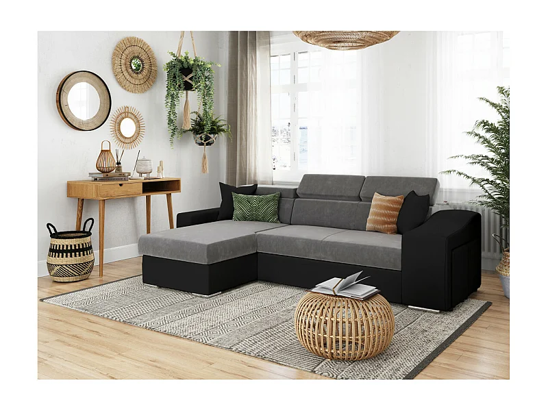Canapé d'angle Elona convertible bi-matière Gris et Noir avec poufs de rangement à droite - L264 x P162 x H75cm - Loungitude