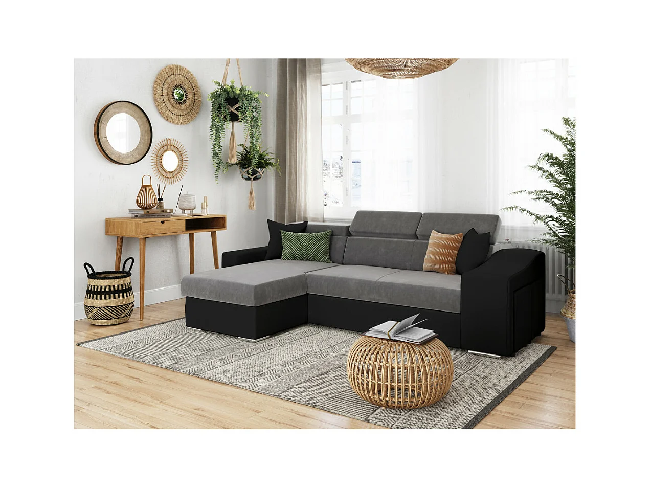 Canapé d'angle Elona convertible bi-matière Gris et Noir avec poufs de rangement à droite - L264 x P162 x H75cm - Loungitude