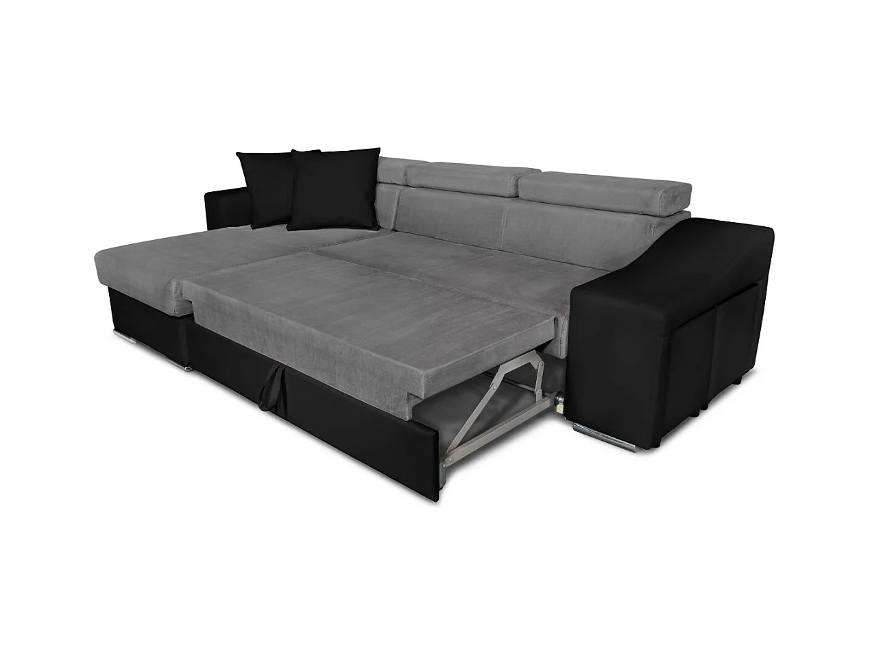 Canapé d'angle Elona convertible bi-matière Gris et Noir avec poufs de rangement à droite - L264 x P162 x H75cm - Loungitude