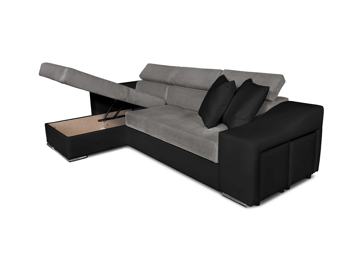Canapé d'angle Elona convertible bi-matière Gris et Noir avec poufs de rangement à droite - L264 x P162 x H75cm - Loungitude