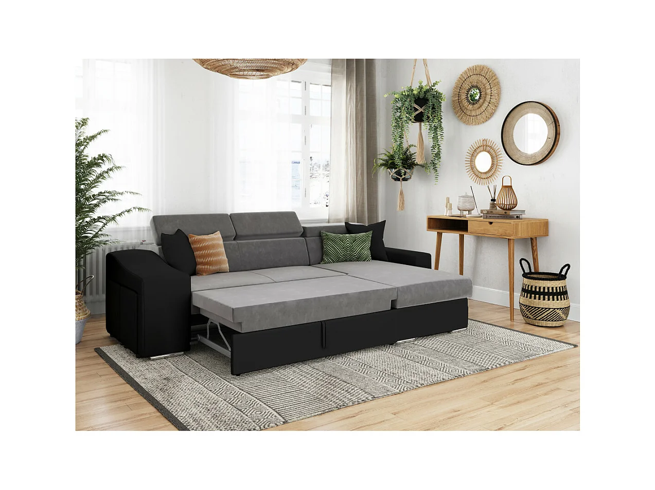 Canapé d'angle Elona convertible bi-matière Gris et Noir avec poufs de rangement à droite - L264 x P162 x H75cm - Loungitude