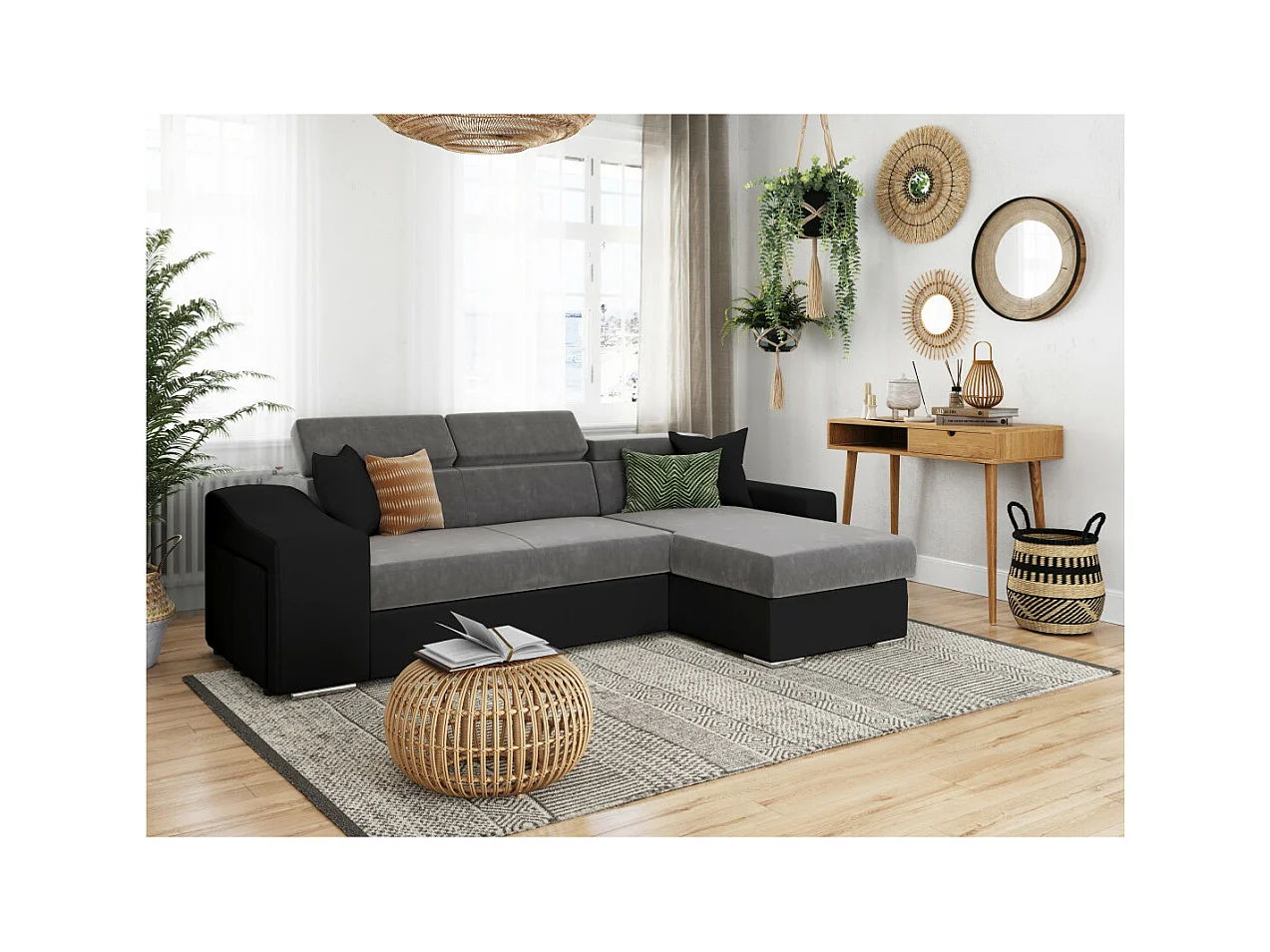 Canapé d'angle Elona convertible bi-matière Gris et Noir avec poufs de rangement à droite - L264 x P162 x H75cm - Loungitude