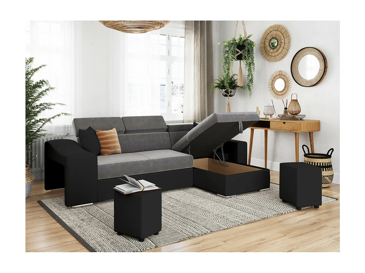 Canapé d'angle Elona convertible bi-matière Gris et Noir avec poufs de rangement à droite - L264 x P162 x H75cm - Loungitude