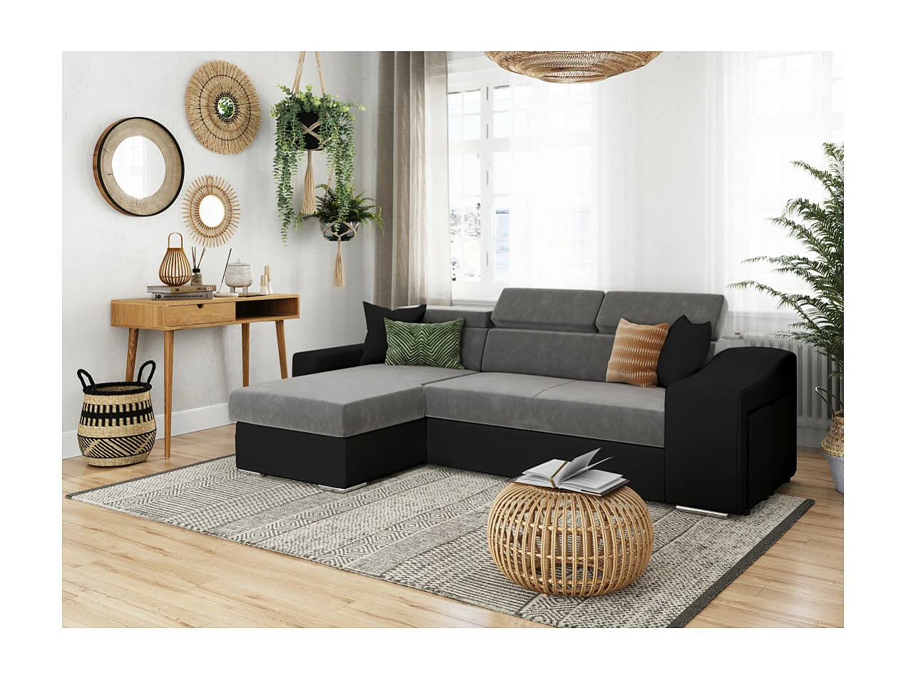 Canapé d'angle Elona convertible bi-matière Gris et Noir avec poufs de rangement à droite - L264 x P162 x H75cm - Loungitude