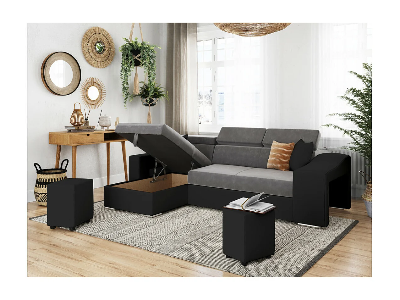Canapé d'angle Elona convertible bi-matière Gris et Noir avec poufs de rangement à droite - L264 x P162 x H75cm - Loungitude