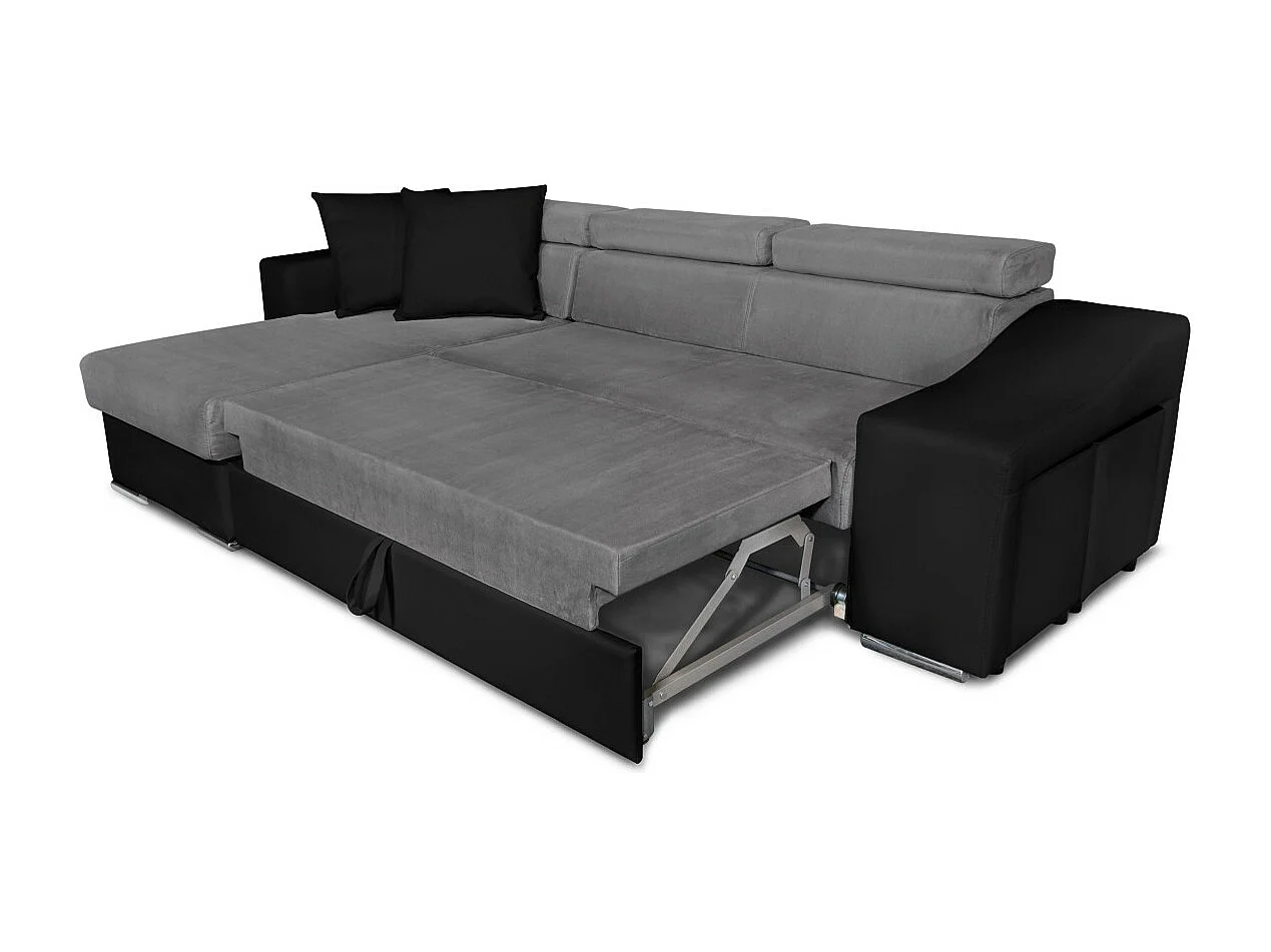 Canapé d'angle Elona convertible bi-matière Gris et Noir avec poufs de rangement à droite - L264 x P162 x H75cm - Loungitude