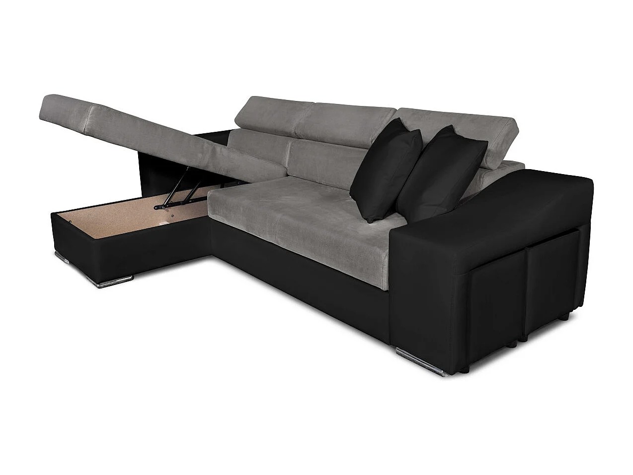 Canapé d'angle Elona convertible bi-matière Gris et Noir avec poufs de rangement à droite - L264 x P162 x H75cm - Loungitude