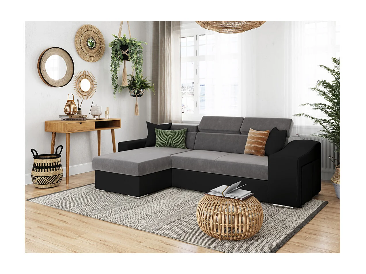 Canapé d'angle Elona convertible bi-matière Gris et Noir avec poufs de rangement à droite - L264 x P162 x H75cm - Loungitude