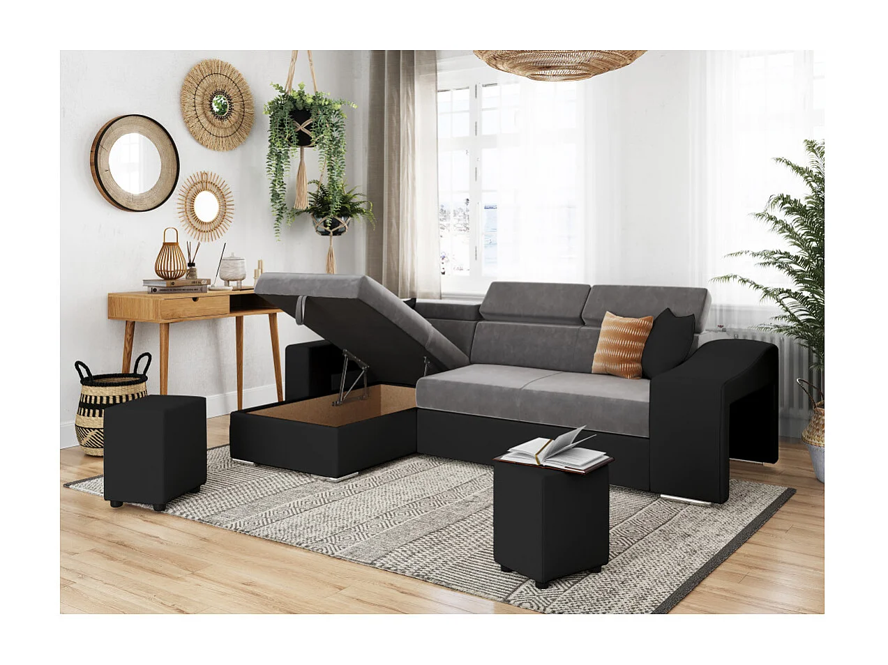 Canapé d'angle Elona convertible bi-matière Gris et Noir avec poufs de rangement à droite - L264 x P162 x H75cm - Loungitude