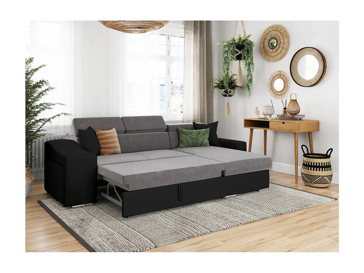 Canapé d'angle Elona convertible bi-matière Gris et Noir avec poufs de rangement à droite - L264 x P162 x H75cm - Loungitude