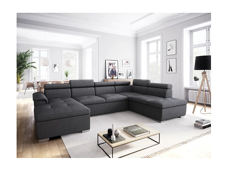 Canapé d'angle Panoramique 6 Places Paola Convertible en Tissu Avec Coffres - Gris anthracite - L322 x P196 x H76cm - Loungitude