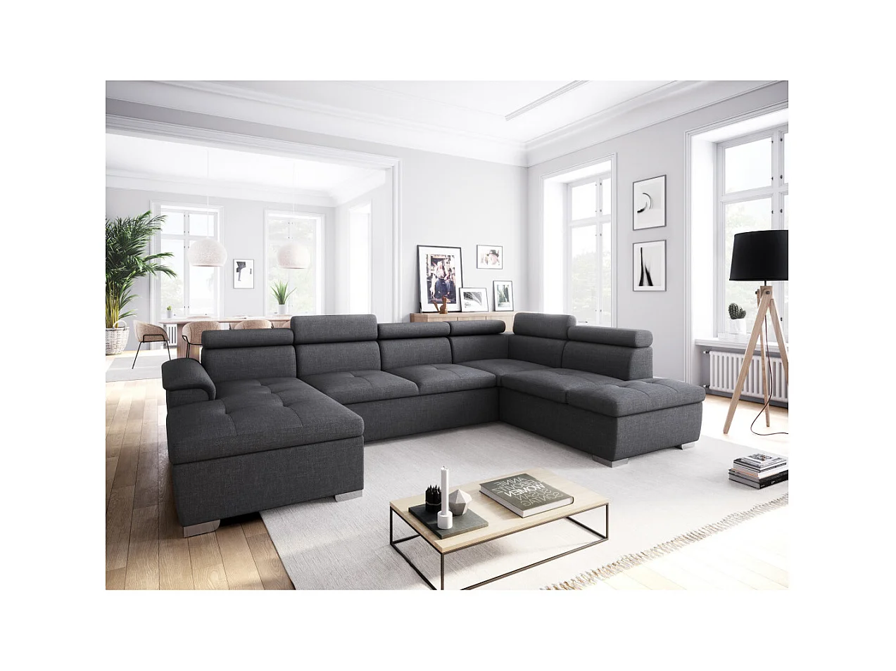 Canapé d'angle Panoramique 6 Places Paola Convertible en Tissu Avec Coffres - Gris anthracite - L322 x P196 x H76cm - Loungitude