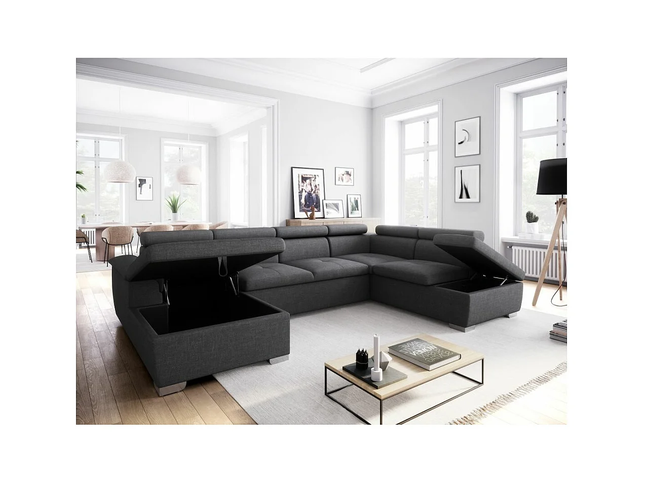 Canapé d'angle Panoramique 6 Places Paola Convertible en Tissu Avec Coffres - Gris anthracite - L322 x P196 x H76cm - Loungitude