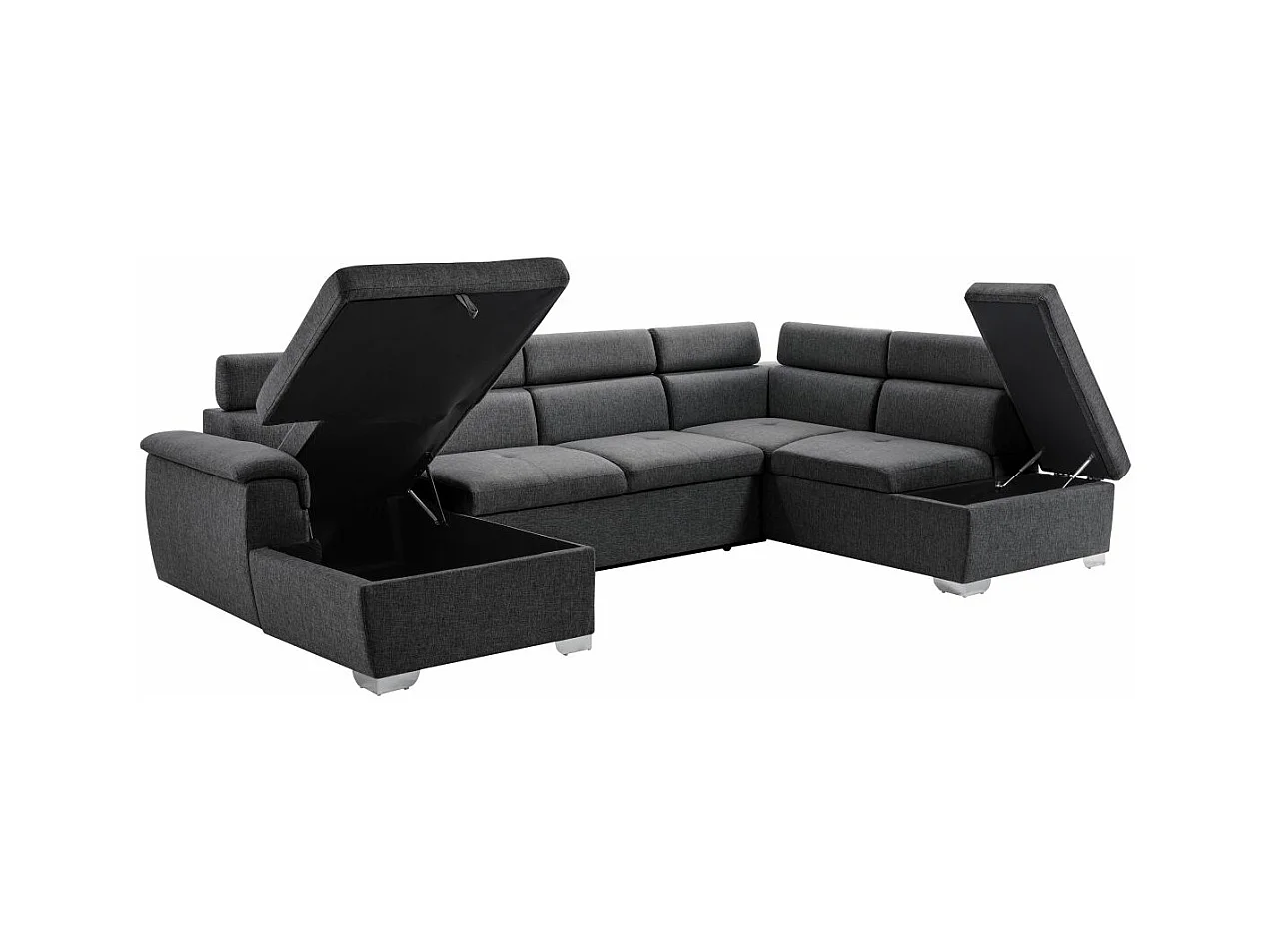 Canapé d'angle Panoramique 6 Places Paola Convertible en Tissu Avec Coffres - Gris anthracite - L322 x P196 x H76cm - Loungitude