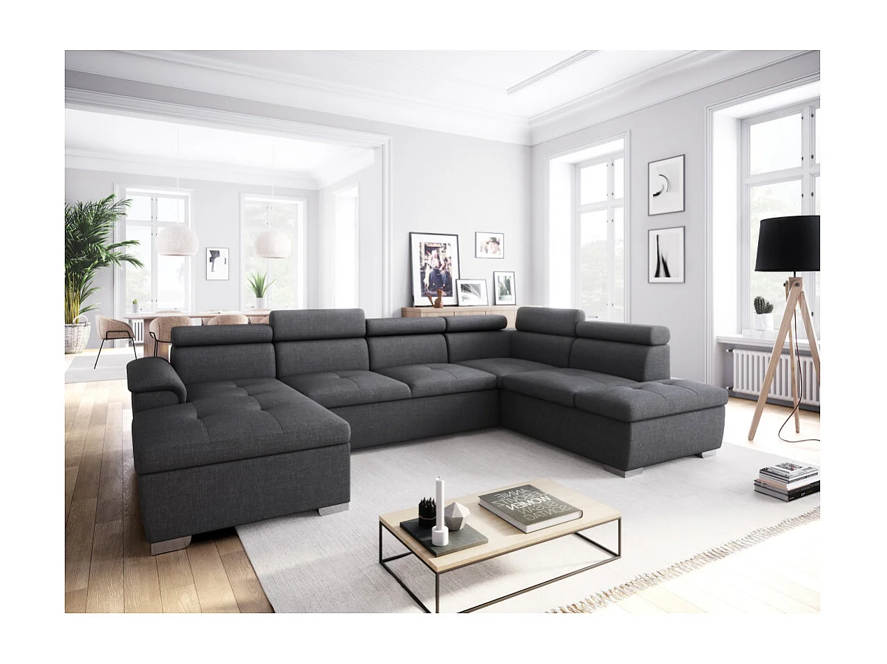 Canapé d'angle Panoramique 6 places Paola convertible en Tissu Avec Coffres - Gris anthracite - L322 x P196 x H76cm - Loungitude