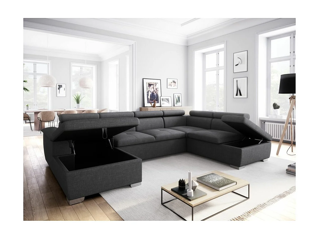 Canapé d'angle Panoramique 6 places Paola convertible en Tissu Avec Coffres - Gris anthracite - L322 x P196 x H76cm - Loungitude