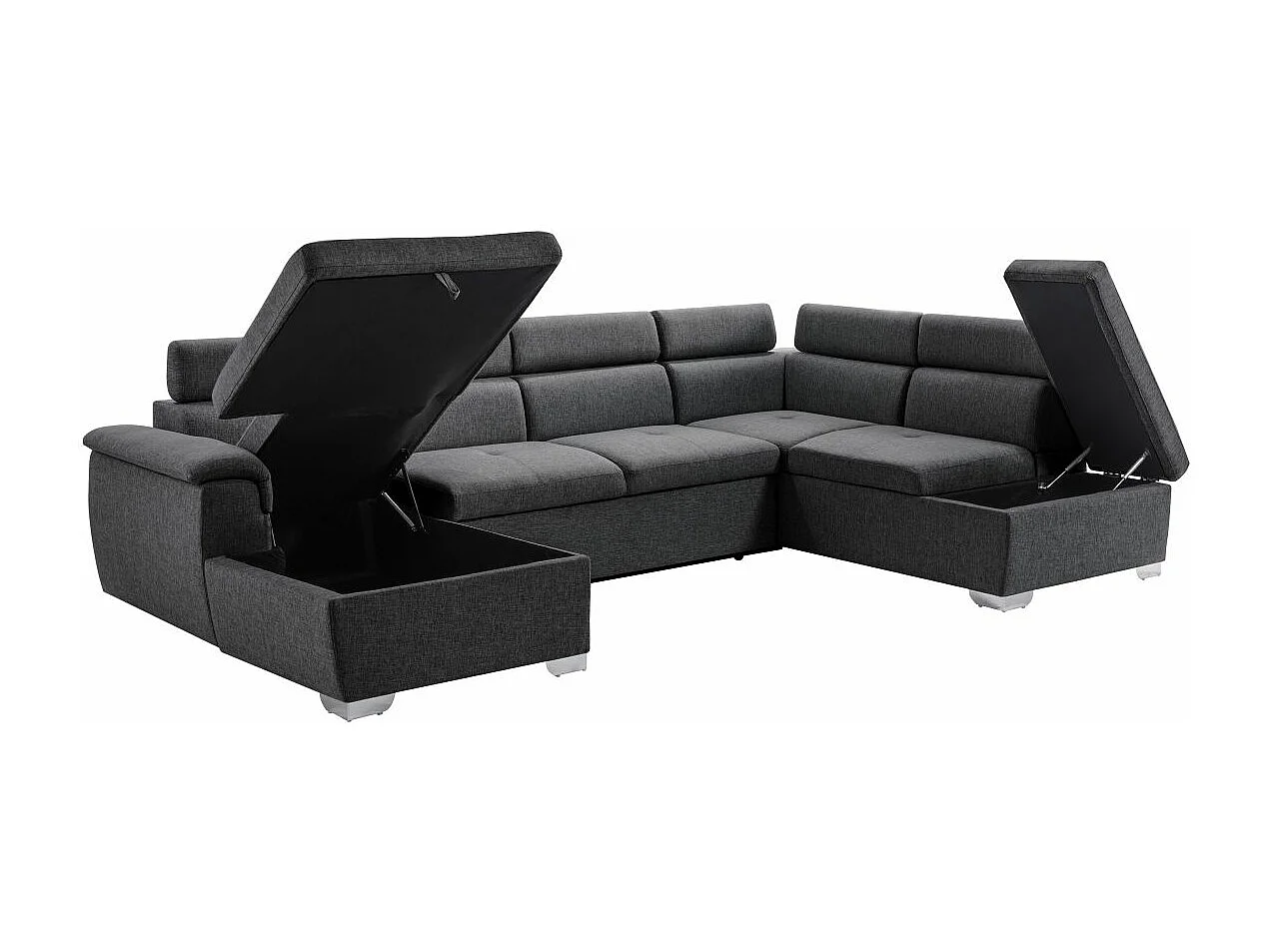 Canapé d'angle Panoramique 6 places Paola convertible en Tissu Avec Coffres - Gris anthracite - L322 x P196 x H76cm - Loungitude